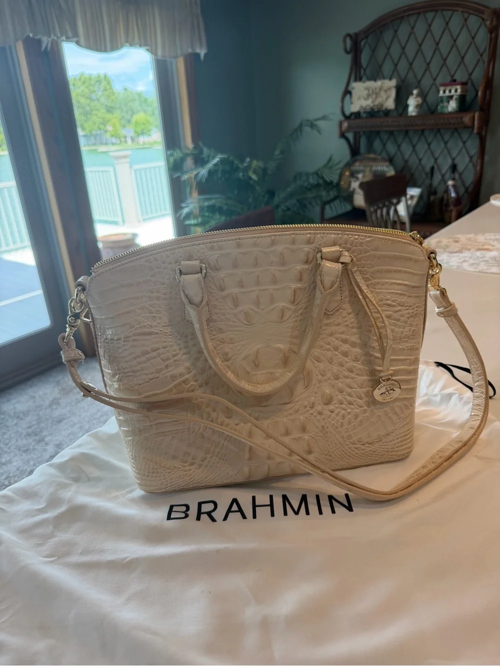 Brahmin Cream Croc-Embossed Dome Satchel